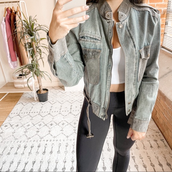 See by Chloe Distressed Military Leather Trim Jean Jacket - Picture 2 of 7